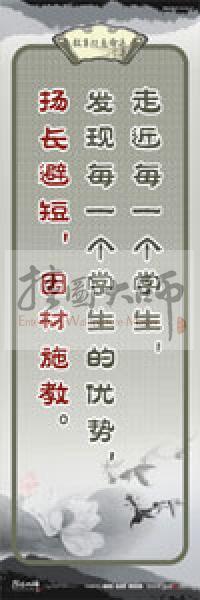 教師素養(yǎng)標語 學校教師標語 教育素養(yǎng)標語 教師標語 走近每一個學生，發(fā)現(xiàn)每一個學生的優(yōu)勢，揚長避短，因材施教