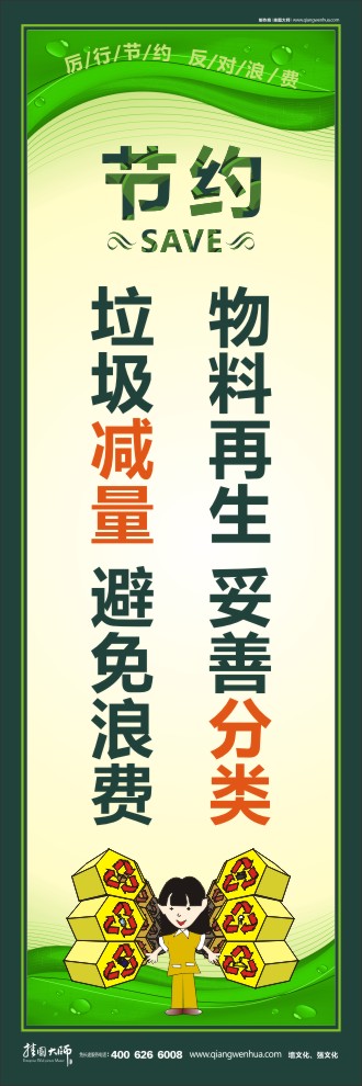 物料再生 妥善分類 垃圾減量 避免浪費 關(guān)于節(jié)約能源的標語