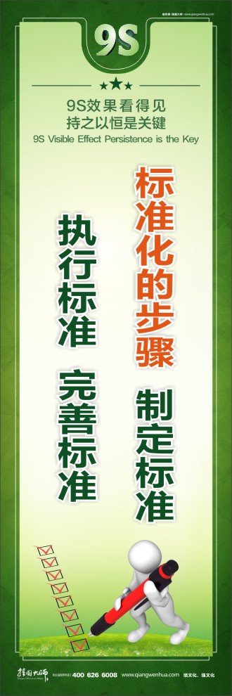 9S標(biāo)準(zhǔn)化的步驟：制定標(biāo)準(zhǔn)、執(zhí)行標(biāo)準(zhǔn)、完善標(biāo)準(zhǔn)